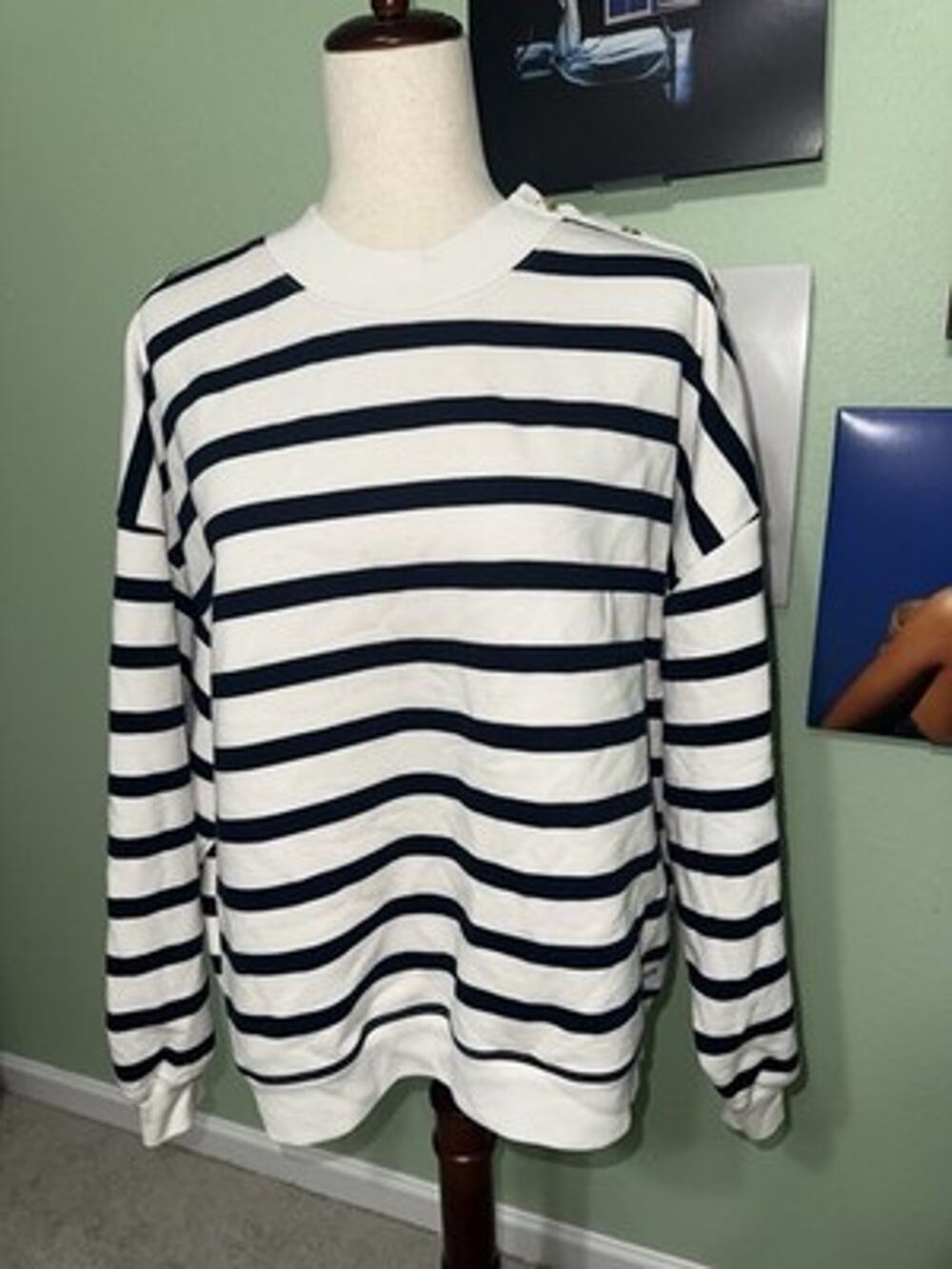 FRAME Large Striped Pullover Sweatshirt White Navy Nautical Gold Button Accent